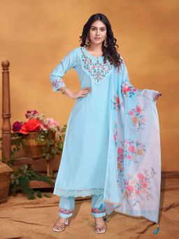 MOJILAA - Sky Blue Viscose Silk Floral Embroidered Straight Kurta with Pant & Dupatta (Set of 3)