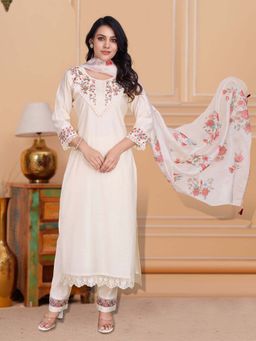 MOJILAA - Cream Viscose Silk Floral Embroidered Straight Kurta with Pant and Dupatta (Set of 3)
