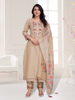 MOJILAA - Khaki Viscose Silk Floral Embroidered Straight Kurta with Pant and Dupatta (Set of 3)