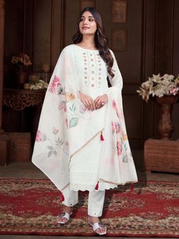 MOJILAA - White Organza Chikankari Kantha Work Straight Kurta with Pant and Dupatta (Set of 3)