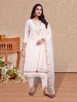 MOJILAA - Women's Off-White Viscose Embroidered Kurta with Tulip Pant and Dupatta (Set of 3)