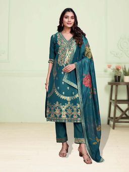 MOJILAA - Teal Green Chanderi Silk Paisley Jacquard Kurta with Pant & Dupatta (Set of 3)