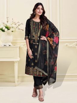 MOJILAA - Black Chanderi Silk Motifs Jacquard Straight Kurta with Pant and Dupatta (Set of 3)