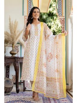 Kohsh - White and Yellow Pleated Cotton A-Line Kurta with Pant and Dupatta (Set of 3)
