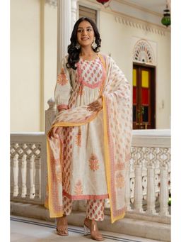 Kohsh - Cream Ethnic Motif Cotton Anarkali Suit Set with Pant and Dupatta (Set of 3)