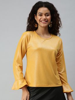 SHOWOFF - Women Round Neck Bell Sleeves Textured Mustard Top