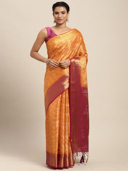 Mimosa - Women's Kanjivaram Art Silk Orange Saree with Unstitched Blouse
