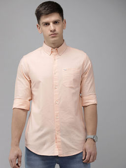 The Bear House - Men Peach Solid Cotton Lycra Casual Shirt