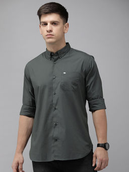 The Bear House - Men Green Solid Cotton Lycra Casual Shirt