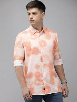 The Bear House - Ardor Edition Men Orange Printed Viscose Linen Casual Shirt