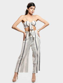 How When Wear - Beige Linen Stripe Paperbag Trousers