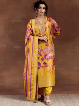 Libas - Mustard Floral Printed Kurta with Brocade Pant & Dupatta (Set of 3)