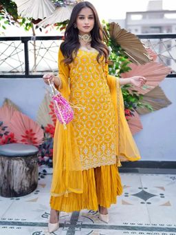 Libas - Mustard Embroidered Sequined Kurta with Sharara and Dupatta