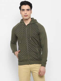 Turtle - Men Olive Cotton Geometric Hoodie