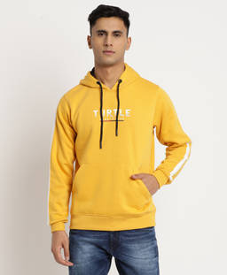 Turtle - Men Yellow Cotton Stretch Solid Hoodie