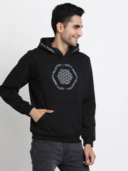 Turtle - Men Black Knitted Typography Hoodie