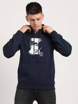 Turtle - Men Navy Blue Knitted Printed Hoodie