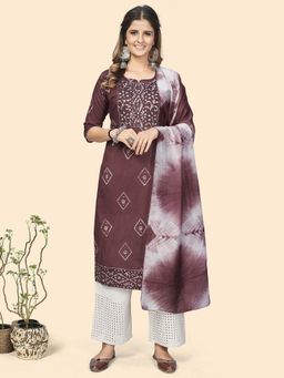 Vbuyz - Womens Batik Print Chanderi Maroon Stitched Kurta With Dupatta (Set of 2)