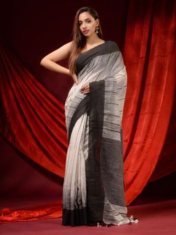 CHARUKRITI - Off White and Black Cotton Handspun Woven Patterns Saree with Unstitched Blouse