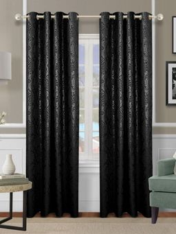 Cortina - Black Floral Print Polyester Window Curtain (Pack of 2)