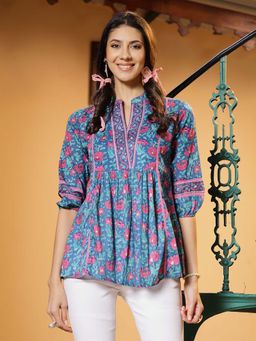 Stylum - Women Turquoise Floral Printed Cotton Top
