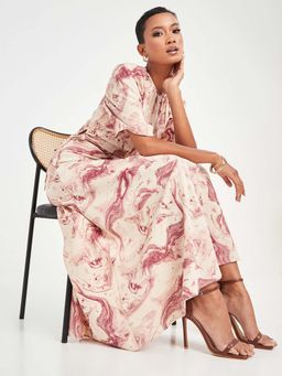 Styli - Multi-color Puff Sleeves Marble Print A-line Maxi Dress With Ruched Detail