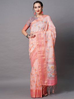 Odette - Peach Festive Linen Blend Printed Saree with Unstitched Blouse