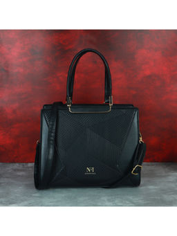 NFI Essentials - Women Textured Black Satchel with Detachable Strap