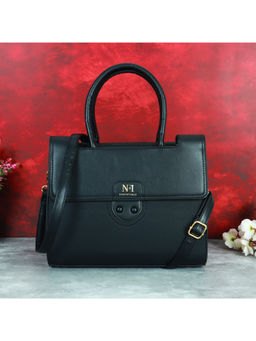 NFI Essentials - Women Solid Black Satchel with Detachable Strap