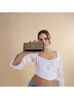 Juicy Couture - Women Beige Jacquard Typography Lilla Flap Wallet with Detachable Strap