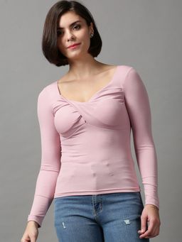 SHOWOFF - Women's Solid Sweetheart Neck Pink Regular Top