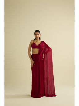 MEESA - Maroon Pre-Draped Saree with Stitched Blouse