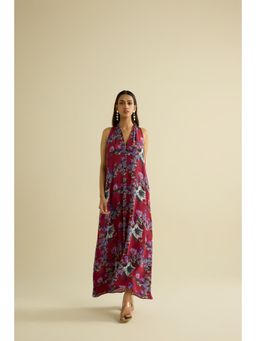 MEESA - Maroon Hand Embroidered Printed Dress