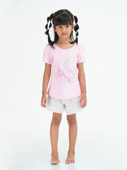 mackly - Girls Printed Pink & White T-Shirt and Shorts (Set of 2)