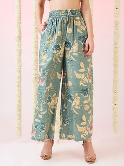 Globus - Women Green Floral Print Mid-Rise Elasticated Waist Wide Leg Fusion Palazzo