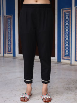 Juniper - Black Solid Cotton Women Slim Fit Laced Pant