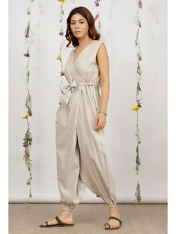 Tjori - Beige Khadi Cotton Wrap Around Jumpsuit with Belt