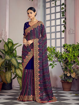 Odette - Navy Blue Georgette Sequin Saree with Unstitched Blouse