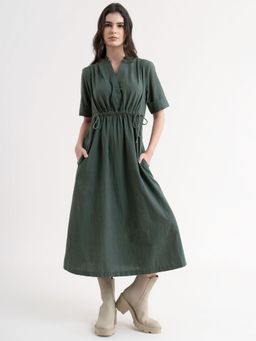 FableStreet - Linen Dress With Elasticated Waist - Olive