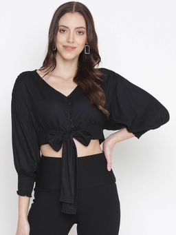Oxolloxo - Aroma Solid Black Tie - Knot Women Top