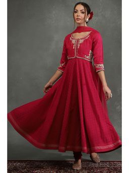 Biba - Women Pink Embroidered Anarkali Kurta with Churidar and Dupatta (Set of 3)