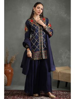 Biba - Women Blue Floral Kurta with Sharara and Dupatta (Set of 3)