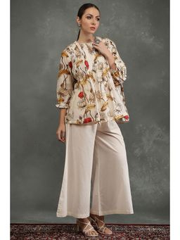 Biba - Women Cream Floral Top with Palazzo (Set of 2)