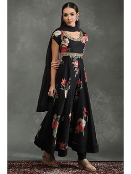 Biba - Women Black Floral Anarkali Kurta with Churidar and Dupatta (Set of 3)
