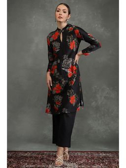Biba - Women Black Floral Kurta with Pant (Set of 2)