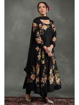 Biba - Women Black Floral Anarkali Kurta with Churidar and Dupatta (Set of 3)