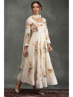 Biba - Women White Floral Anarkali Kurta with Churidar and Dupatta (Set of 3)