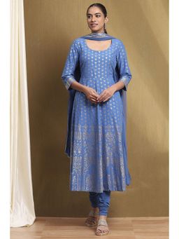 Biba - Women Blue Woven Kurta with Churidar and Dupatta (Set of 3)