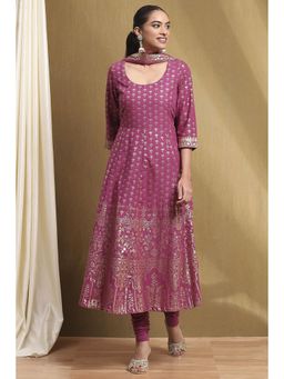 Biba - Women Purple Woven Kurta with Churidar and Dupatta (Set of 3)