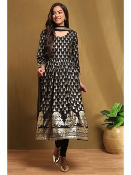 Biba - Women Black Woven Anarkali Kurta with Churidar and Dupatta (Set of 3)